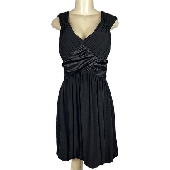 Suzi Chin 10 Black Ruched Satin Waist V-Neck Bubble Hem Sleeveless Party Dress - Picture 4 of 6